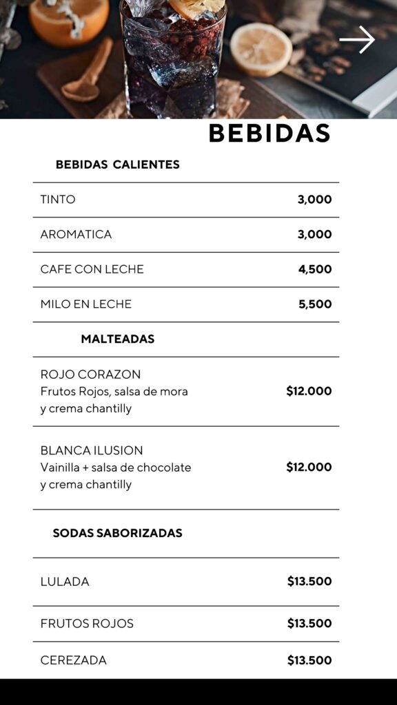 Tu historia menú digital parrilla minimalista blanco y negro