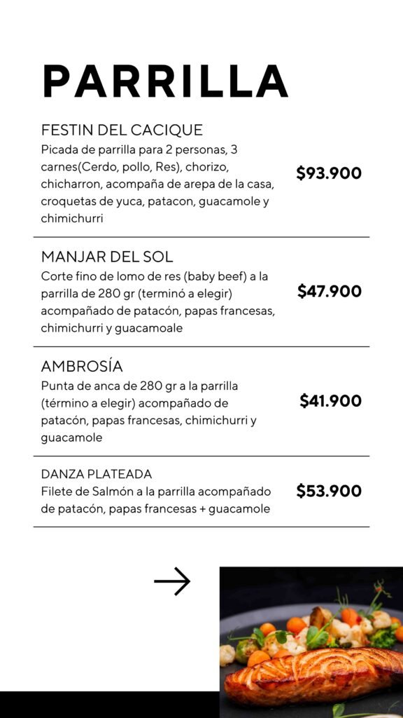 Tu historia menú digital parrilla minimalista blanco y negro