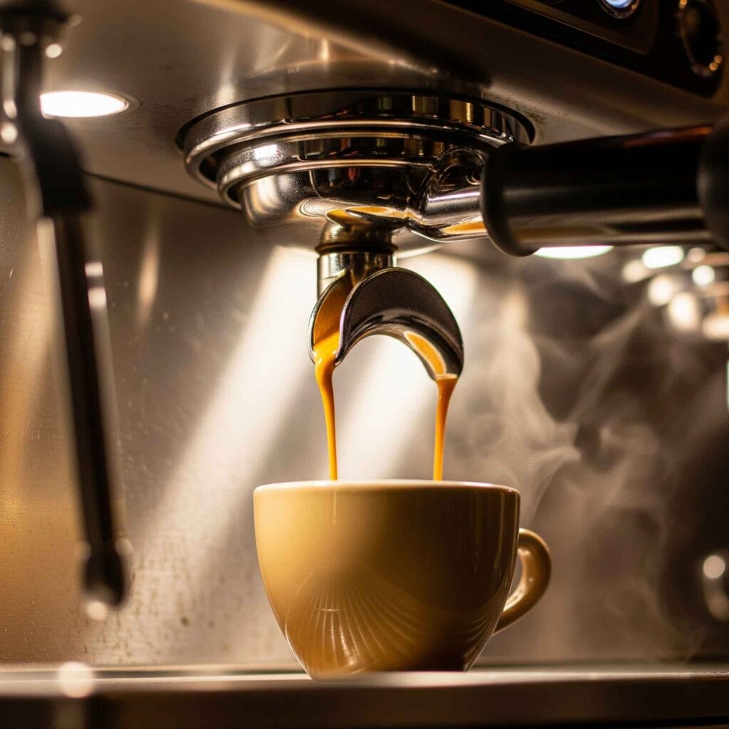 Café espresso recién extraído de un portafiltro, con vapor saliendo de la taza.