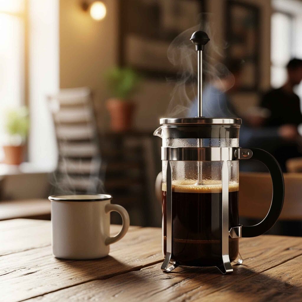 Prensa francesa de vidrio y metal con café humeante en una mesa de madera, junto a una taza de café humeante.