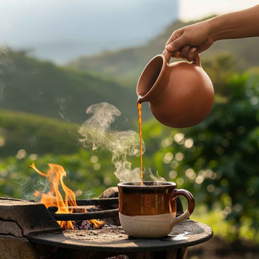 Mano de una persona sosteniendo una taza de café, con el enfoque en un paisaje montañoso y nublado del Quindío.