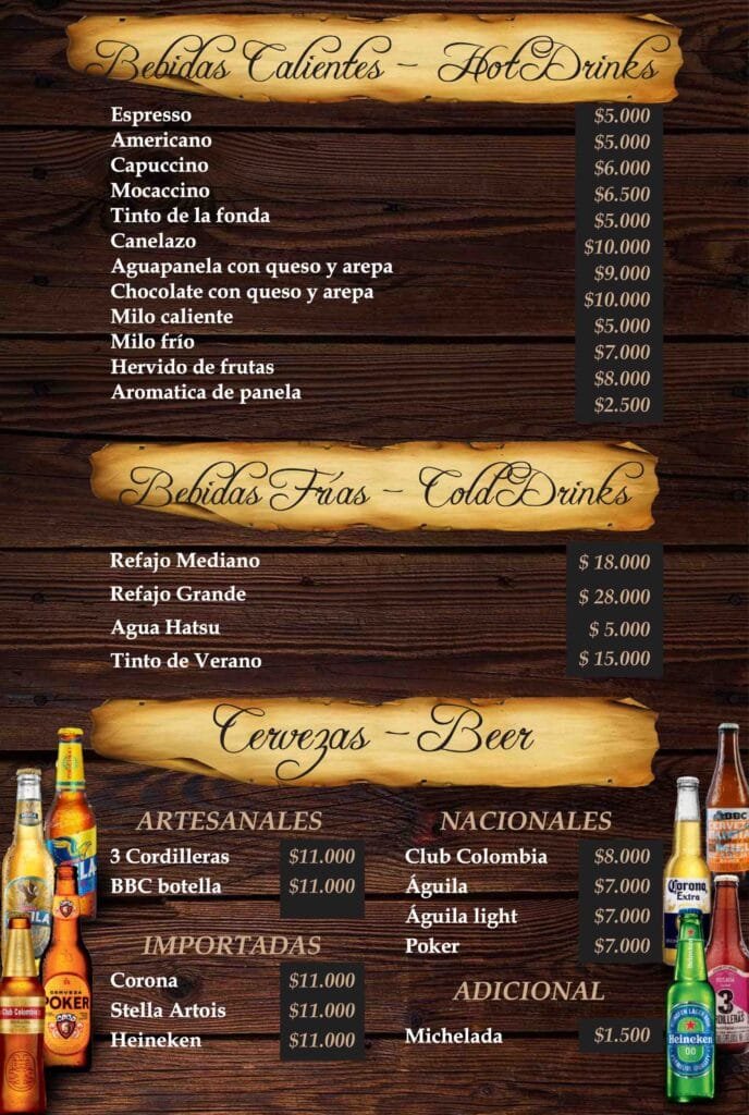 Menú Bebidas Calientes Frías Cervezas Fonda de los Arrieros