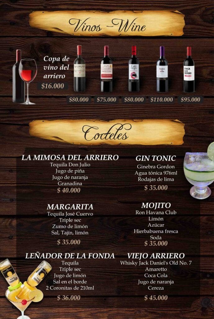 Menú Vinos y Cocteles Fonda de los Arrieros