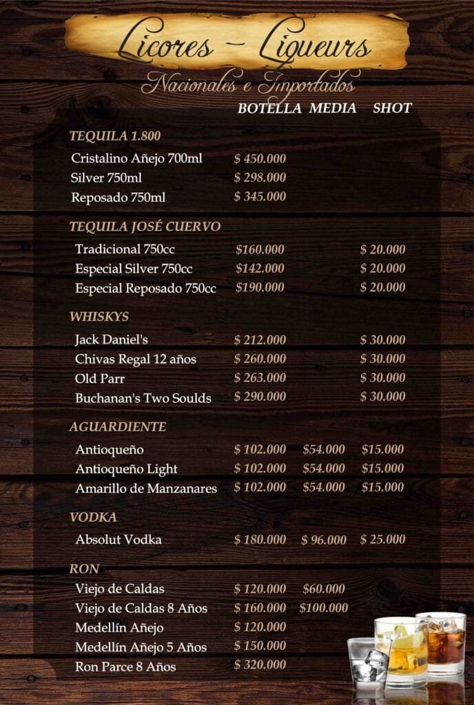 Menú Licores Fonda de los Arrieros