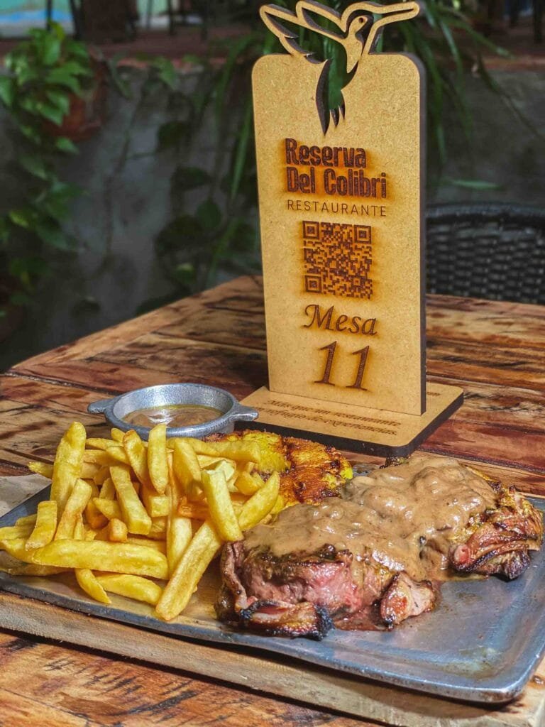 Plato de carne a la parrilla bañada en salsa cremosa, acompañado de papas fritas y patacón en el restaurante Reserva del Colibrí en Quimbaya.