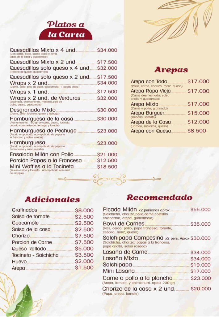 MENU MILAN 2026